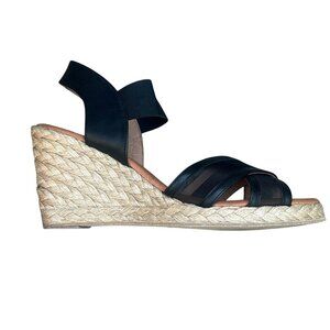 Andre Assoue Black Stretch Mesh Wedge Espadrille Sandals Size 37